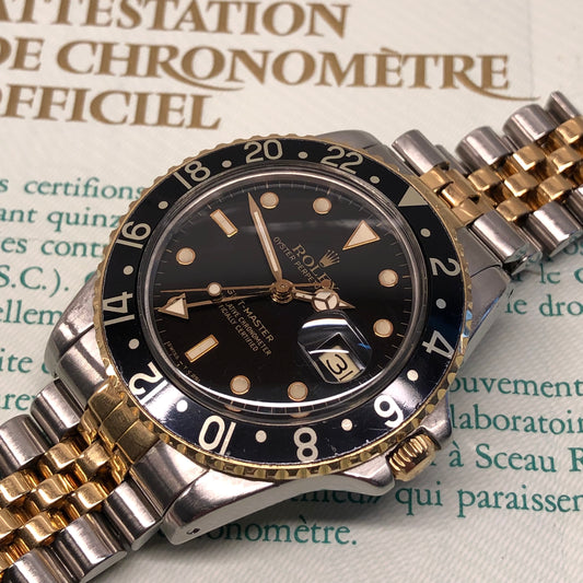 1987 Rolex GMT MASTER 16753 Black Two Tone Jubilee Wristwatch with Papers