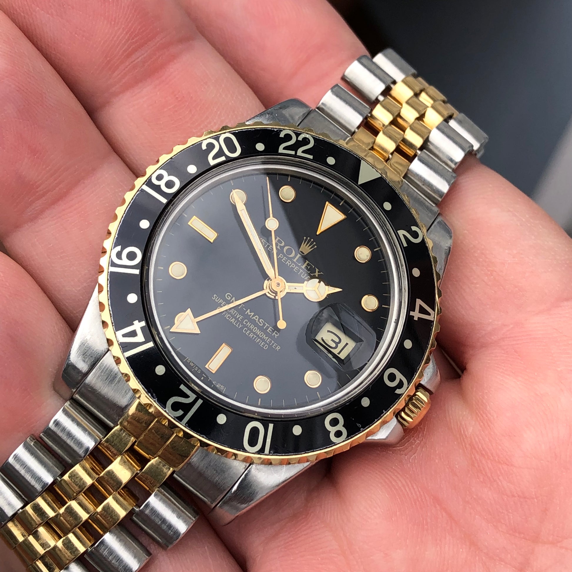 1987 Rolex GMT MASTER 16753 Black Two Tone Jubilee Wristwatch with Papers - HASHTAGWATCHCO