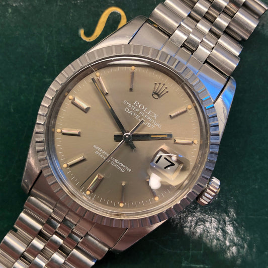1982 Rolex Datejust 16030 Steel Tote Dial Engine Turned Automatic Wristwatch