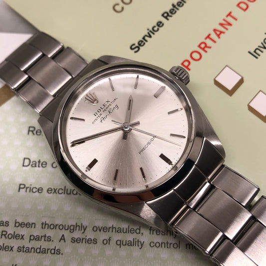 1968 Rolex Air King Precision 5500 Steel Silver Dial Automatic Wristwatch with Rolex Service Papers - HASHTAGWATCHCO