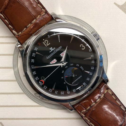 Jaeger LeCoultre Master Moon 140.8.98.S Stainless Steel Black Dial with Box and Papers - HASHTAGWATCHCO