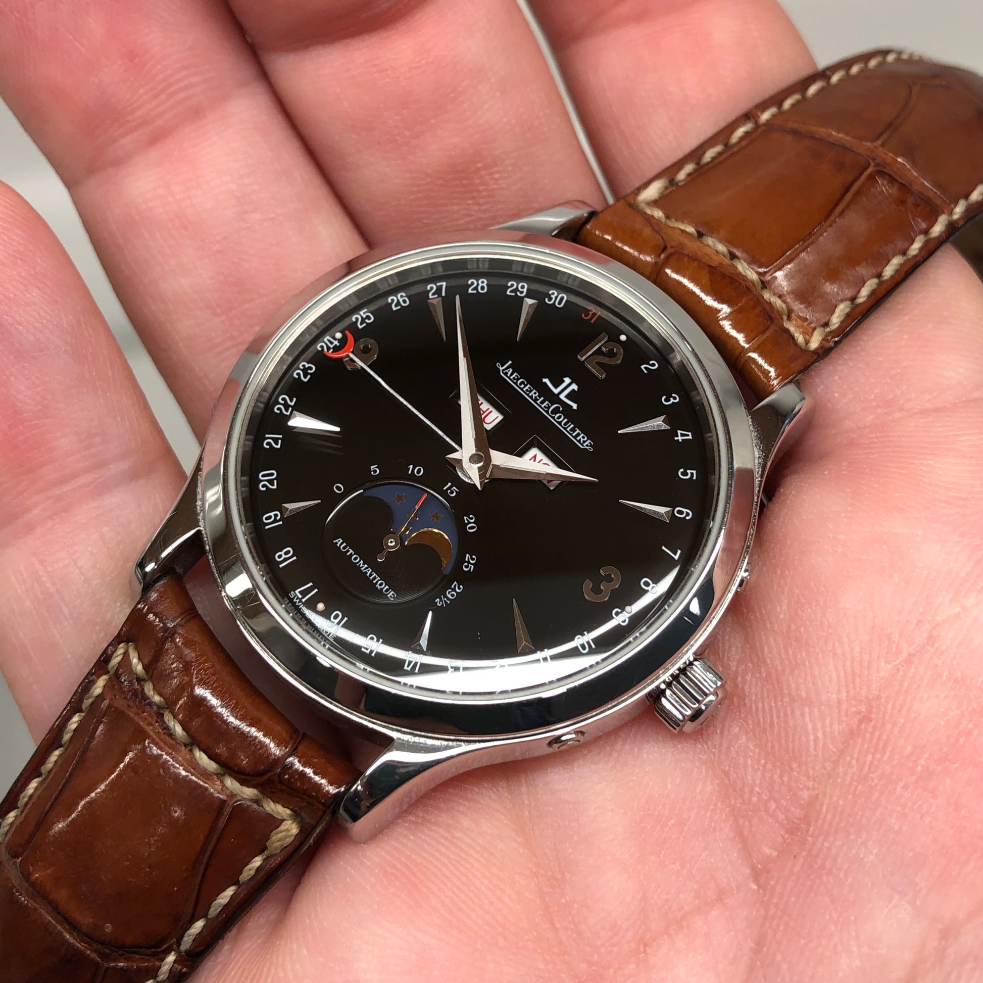 Jaeger LeCoultre Master Moon 140.8.98.S Stainless Steel Black Dial with Box and Papers - HASHTAGWATCHCO