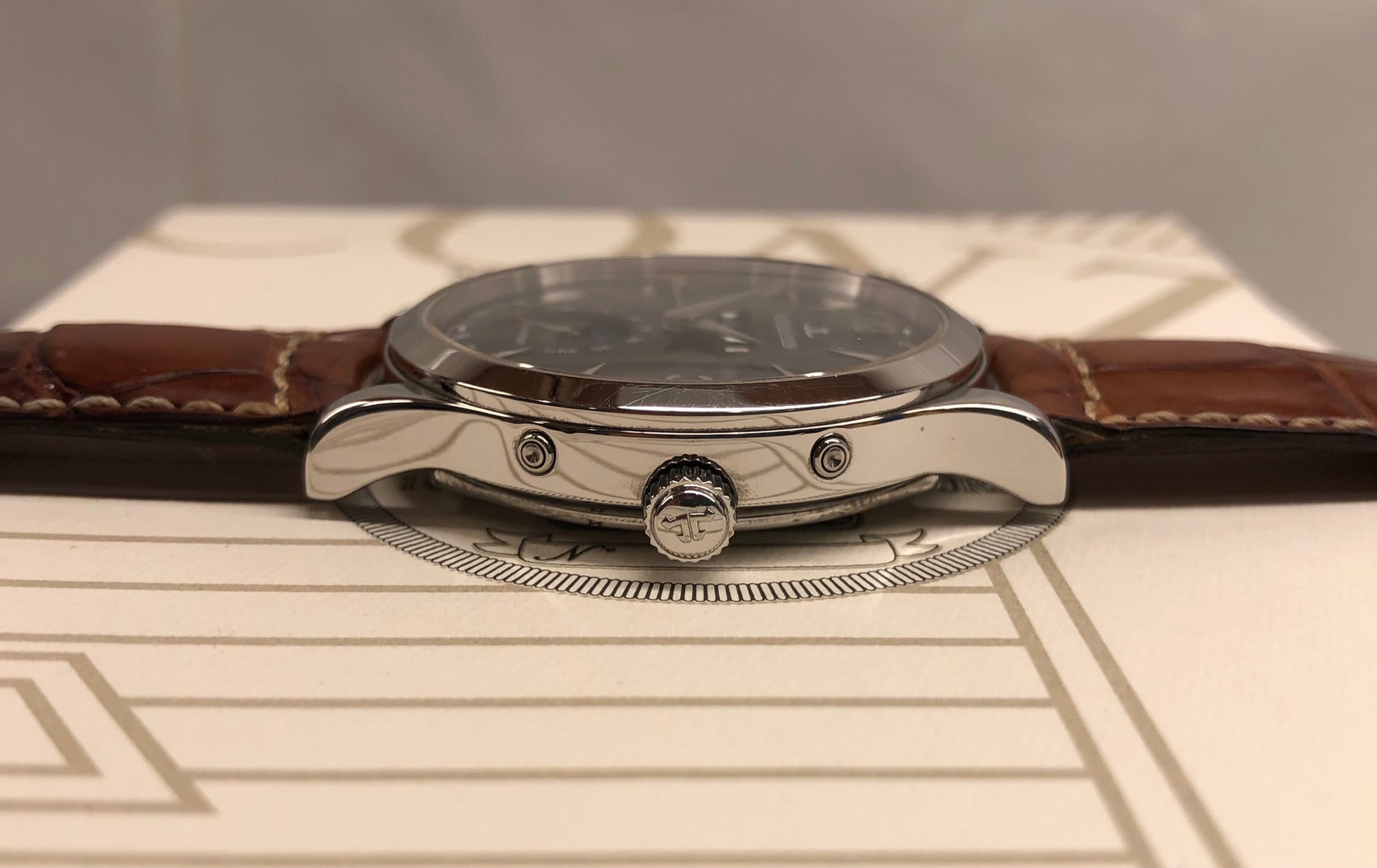Jaeger LeCoultre Master Moon 140.8.98.S Stainless Steel Black Dial with Box and Papers - HASHTAGWATCHCO