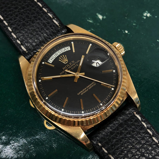 1976 Rolex President 1803 Day Date Yellow Gold Matte Black Automatic Wristwatch