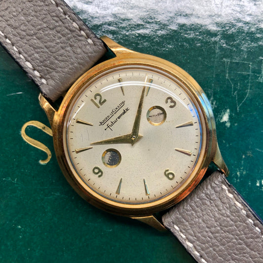 1950s Jaeger LeCoultre Futurematic E502 Porthole 18K Yellow Gold Automatic Wristwatch with Box - HASHTAGWATCHCO