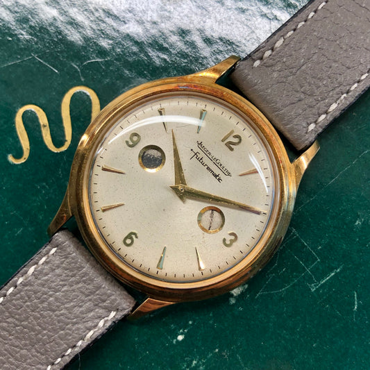 1950s Jaeger LeCoultre Futurematic E502 Porthole 18K Yellow Gold Automatic Wristwatch with Box - HASHTAGWATCHCO