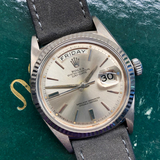 1963 Rolex President 1803 Day Date White Gold Swiss Only Silver Doorstop Dial Automatic Wristwatch