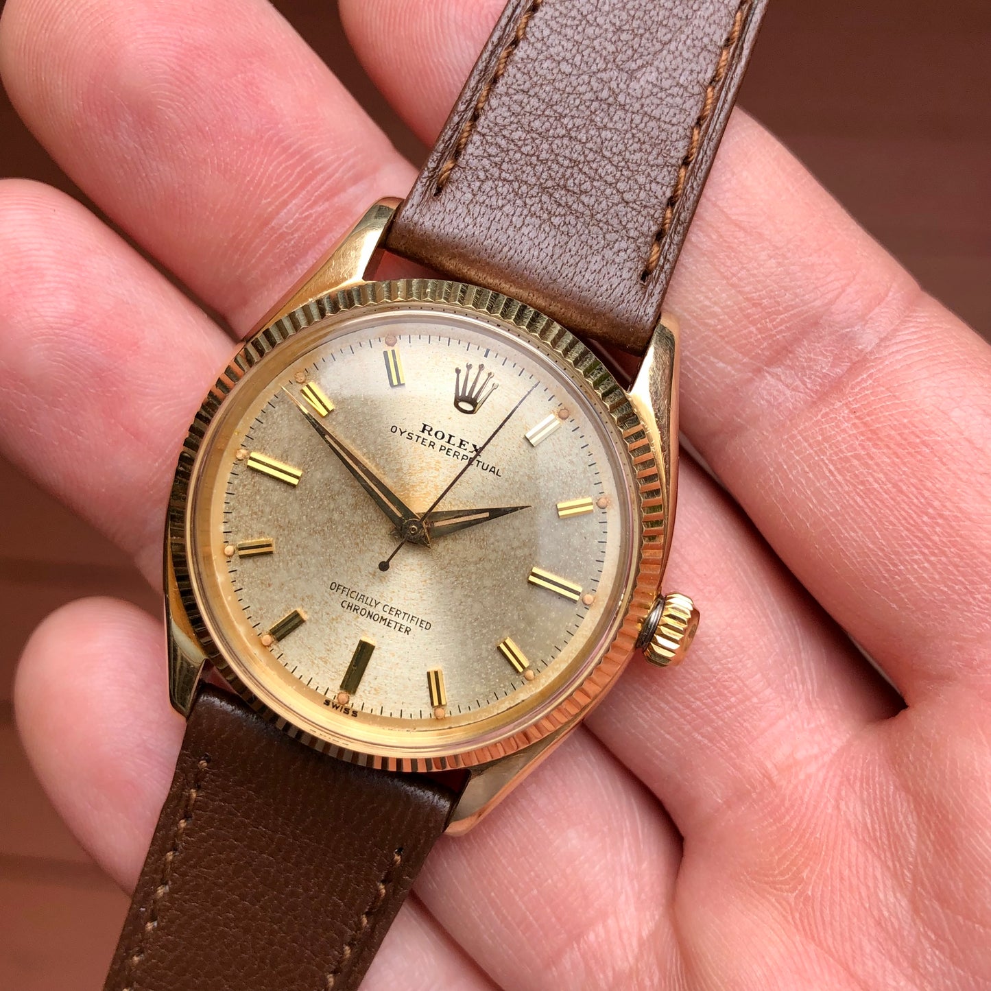 1959 Rolex Oyster Perpetual 6567 14K Yellow Gold Automatic Chronometer Wristwatch - Hashtag Watch Company