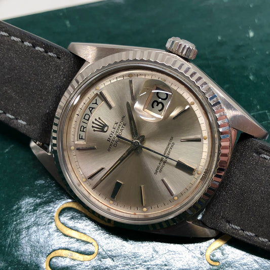 1963 Rolex President 1803 Day Date White Gold Swiss Only Silver Doorstop Dial Automatic Wristwatch