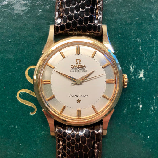 1961 Omega Constellation 14381/2 SC 14K Yellow Gold Silver Sector Dial Chronometer Automatic Wristwatch