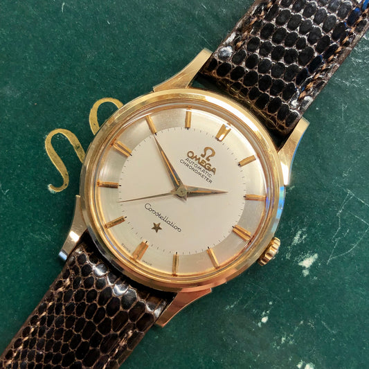 1961 Omega Constellation 14381/2 SC 14K Yellow Gold Silver Sector Dial Chronometer Automatic Wristwatch