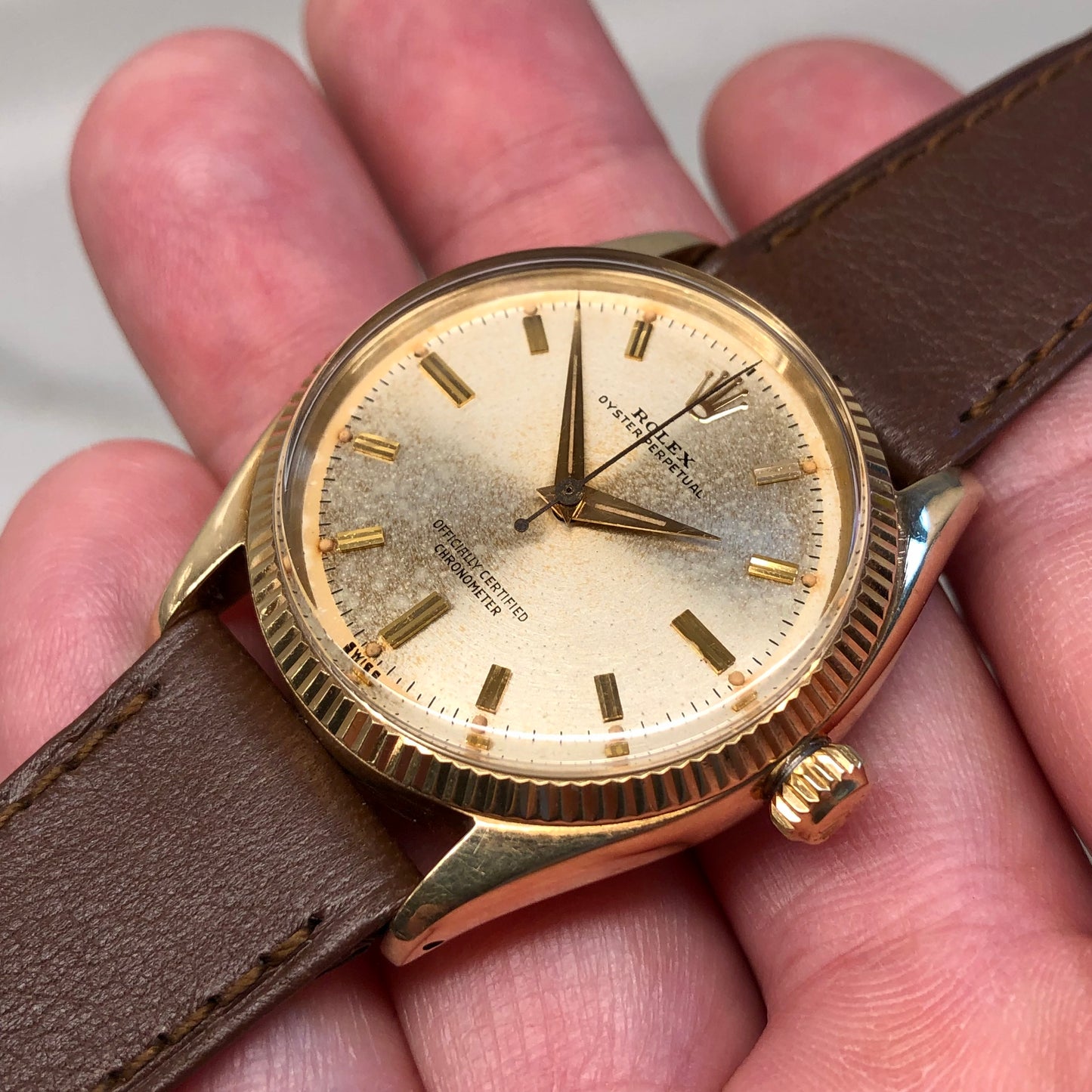 1959 Rolex Oyster Perpetual 6567 14K Yellow Gold Automatic Chronometer Wristwatch - Hashtag Watch Company