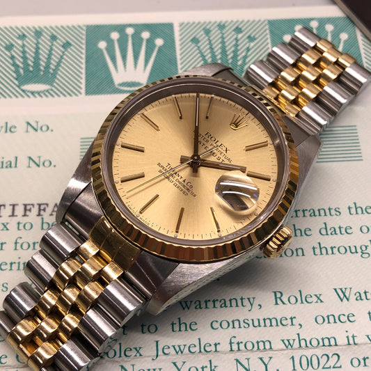 1990 Rolex Datejust 16233 Two Tone Tiffany & Co. Champagne Dial Jubilee Automatic Wristwatch with Papers