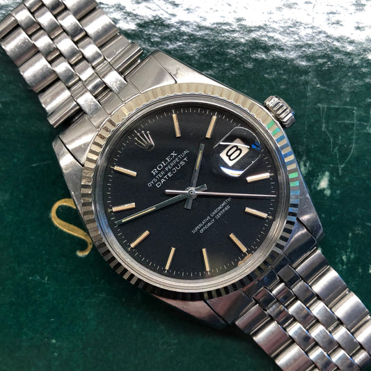 1970 Rolex Datejust 1601 Black Confetti Dial Jubilee Fluted Bezel Wristwatch - HASHTAGWATCHCO