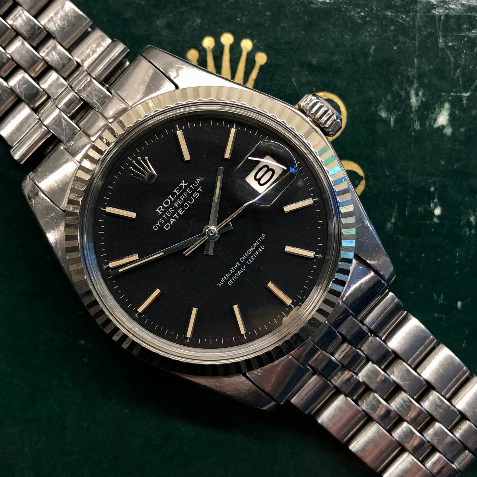 1970 Rolex Datejust 1601 Black Confetti Dial Jubilee Fluted Bezel Wristwatch - HASHTAGWATCHCO