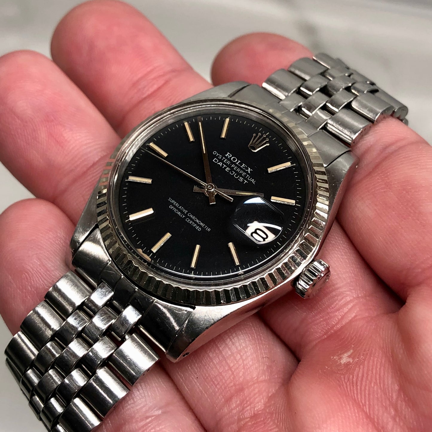 1970 Rolex Datejust 1601 Black Confetti Dial Jubilee Fluted Bezel Wristwatch - HASHTAGWATCHCO