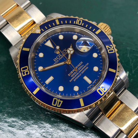 2001 Rolex Submariner 16613 Blue Two Tone Oyster Steel 18K Gold Wristwatch