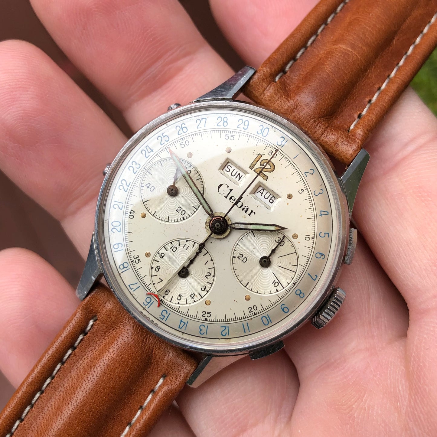 1950s Clebar Steel Valjoux 72 Chronograph Triple Date Calendar Wristwatch - Hashtag Watch Company