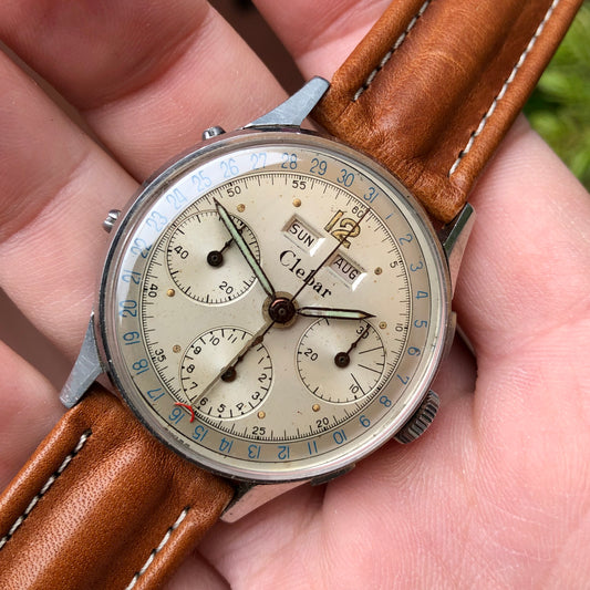 1950s Clebar Steel Valjoux 72 Chronograph Triple Date Calendar Wristwatch - Hashtag Watch Company