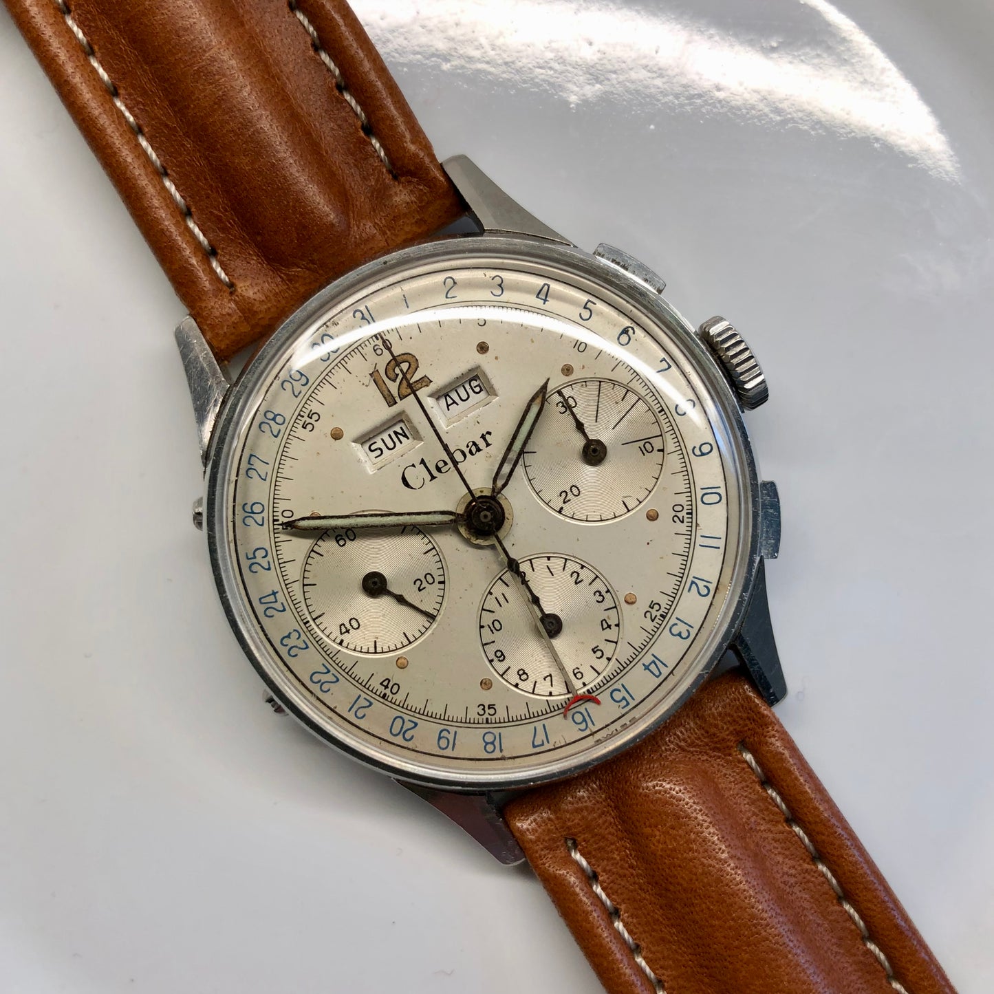 1950s Clebar Steel Valjoux 72 Chronograph Triple Date Calendar Wristwatch - Hashtag Watch Company