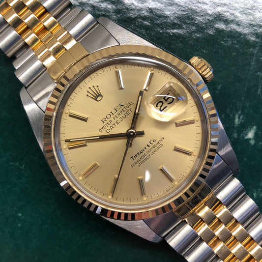 1986 Rolex Datejust 16013 Two Tone Tiffany & Co. Champagne Dial Jubilee Automatic Wristwatch - HASHTAGWATCHCO