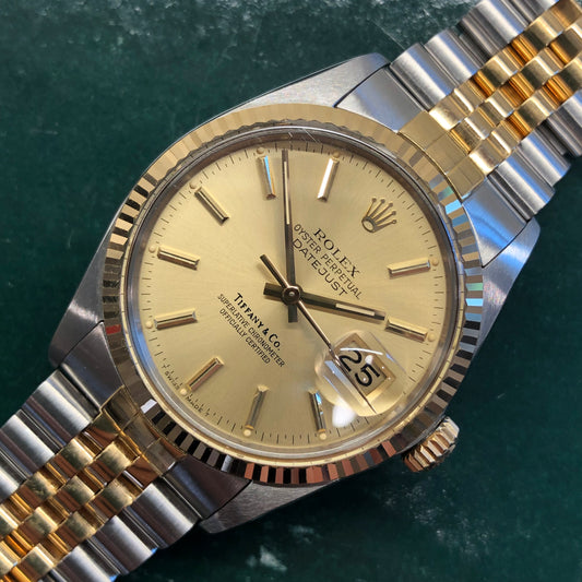 1986 Rolex Datejust 16013 Two Tone Tiffany & Co. Champagne Dial Jubilee Automatic Wristwatch - HASHTAGWATCHCO