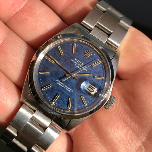 1970 Rolex Date 1500 Oyster Perpetual Blue Mosaic Dial Steel Automatic Wristwatch