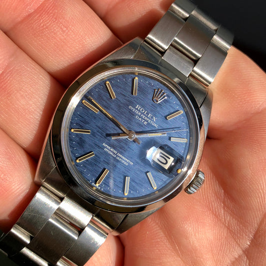 1970 Rolex Date 1500 Oyster Perpetual Blue Mosaic Dial Steel Automatic Wristwatch