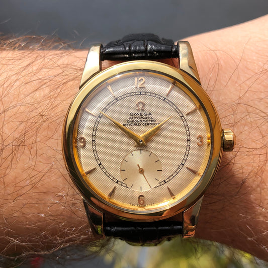 1947 Omega 2493-1 Chronometer Gold Cap Waffle Dial Caliber 333 Automatic Dress 36mm Wristwatch - HASHTAGWATCHCO
