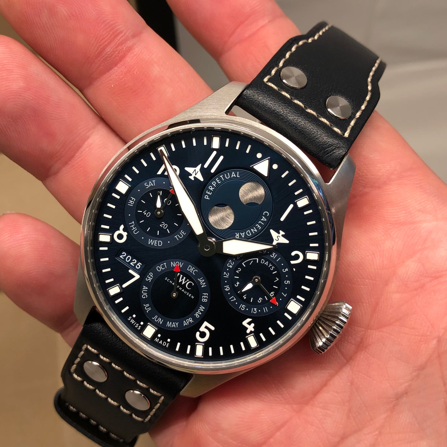 IWC Big Pilot IW503605 Perpetual Calendar 46mm Stainless Steel Blue Dial Wristwatch with Box and Papers Unworn - HASHTAGWATCHCO