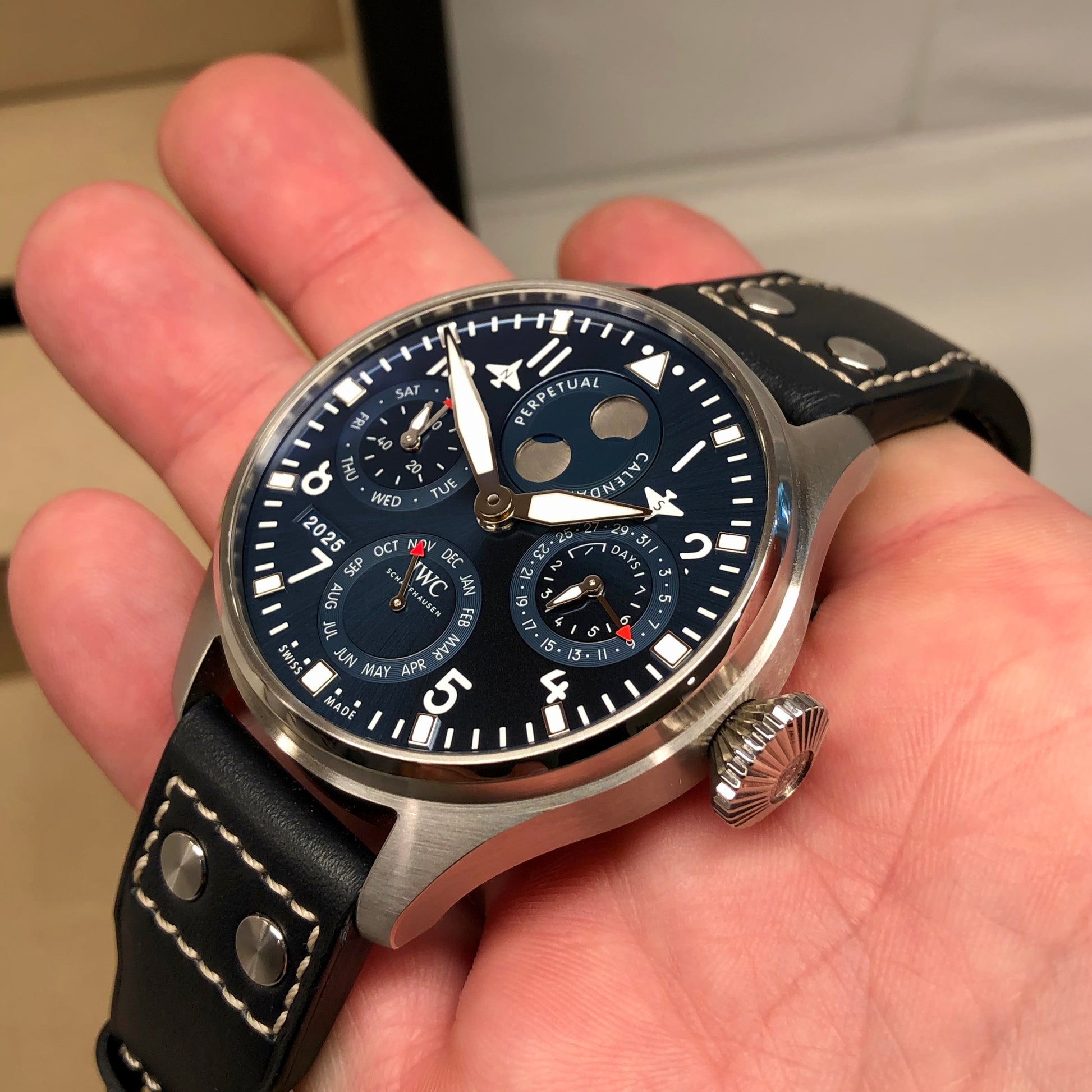 IWC Big Pilot IW503605 Perpetual Calendar 46mm Stainless Steel Blue Dial Wristwatch with Box and Papers Unworn - HASHTAGWATCHCO