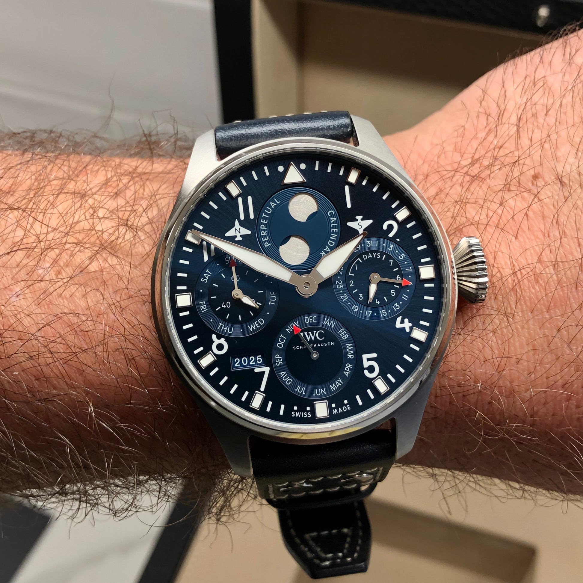 IWC Big Pilot IW503605 Perpetual Calendar 46mm Stainless Steel Blue Dial Wristwatch with Box and Papers Unworn - HASHTAGWATCHCO