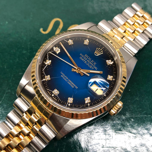 1989 Rolex Datejust 16233 Two Tone Blue Vignette Diamond Dial Jubilee Automatic Wristwatch