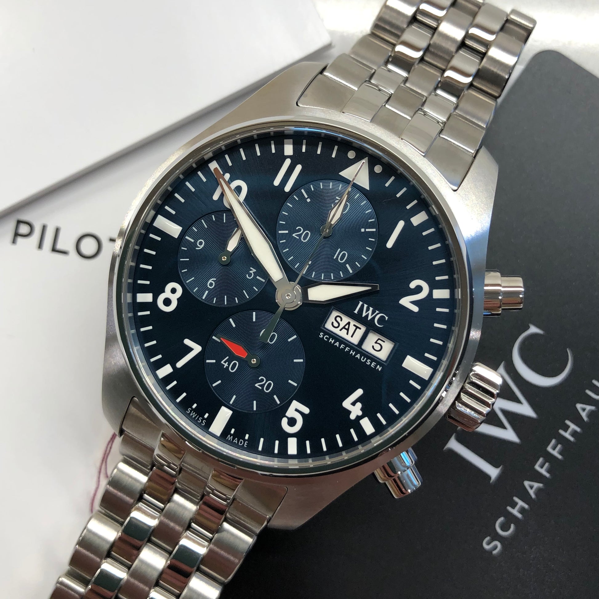 IWC Pilot’s Watch Chronograph 41 IW388102 Blue Steel Wristwatch with Box and Papers Unworn - HASHTAGWATCHCO