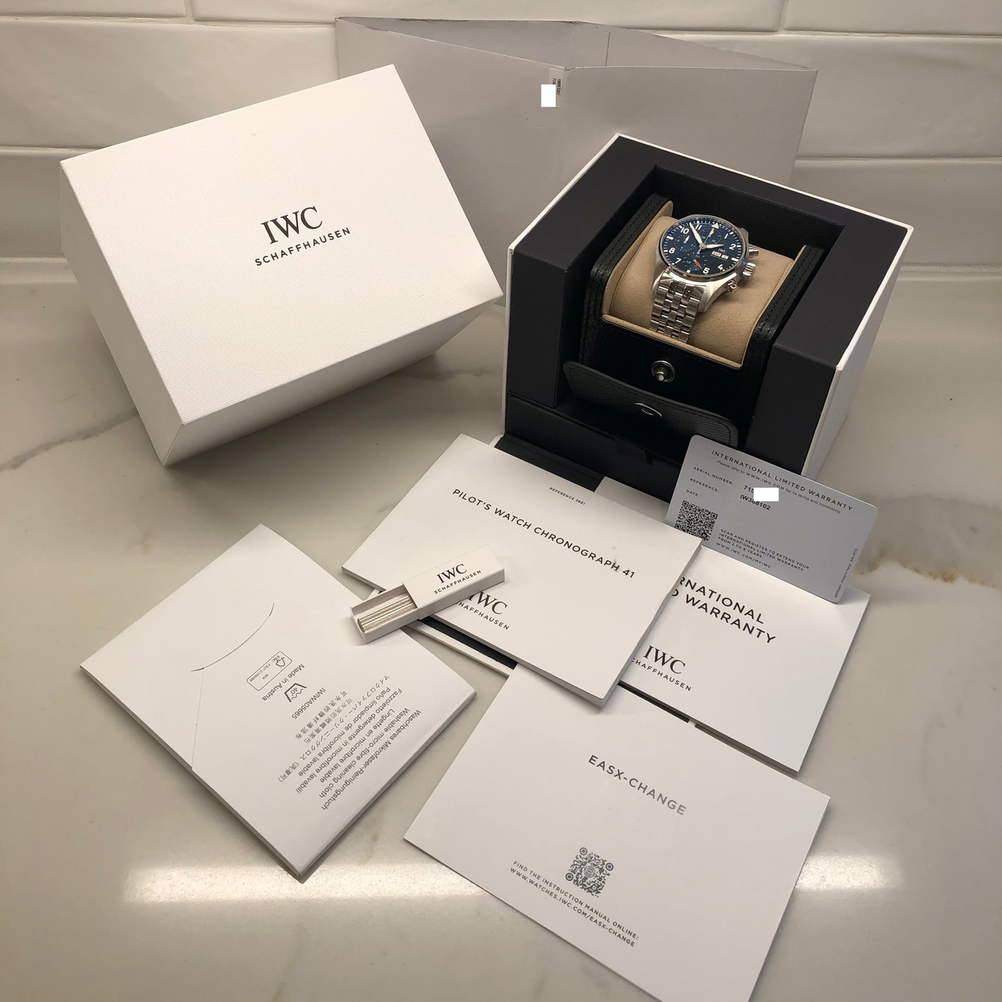 IWC Pilot’s Watch Chronograph 41 IW388102 Blue Steel Wristwatch with Box and Papers Unworn - HASHTAGWATCHCO