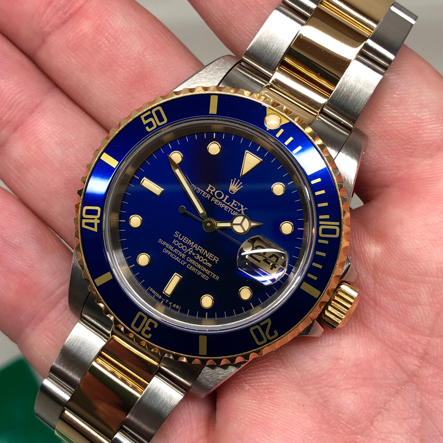 1991 Rolex Submariner 16613 Blue Purple Two Tone Oyster Steel 18K Gold Wristwatch with Box and Papers