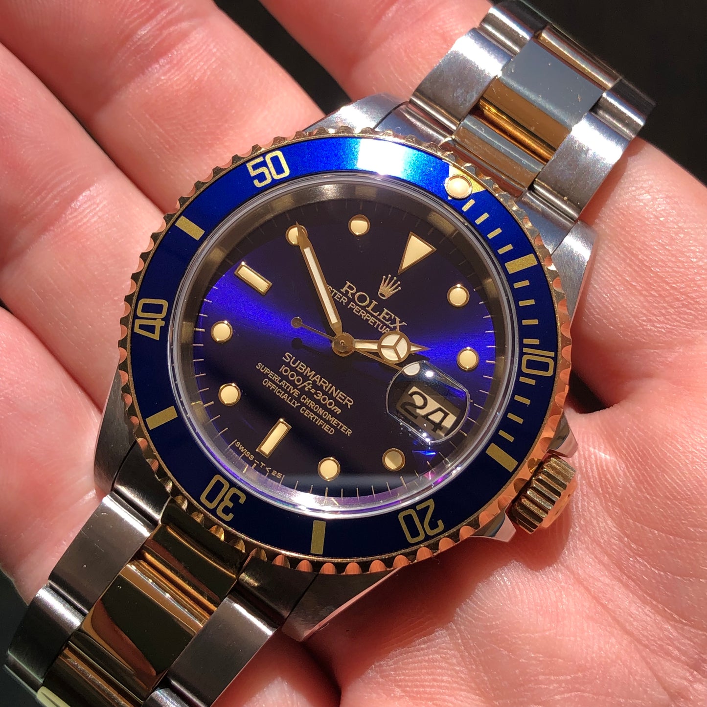 1991 Rolex Submariner 16613 Blue Purple Two Tone Oyster Steel 18K Gold Wristwatch with Box and Papers