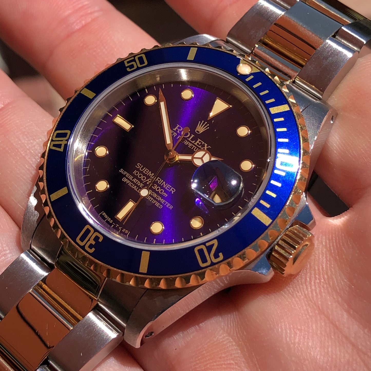 1991 Rolex Submariner 16613 Blue Purple Two Tone Oyster Steel 18K Gold Wristwatch with Box and Papers