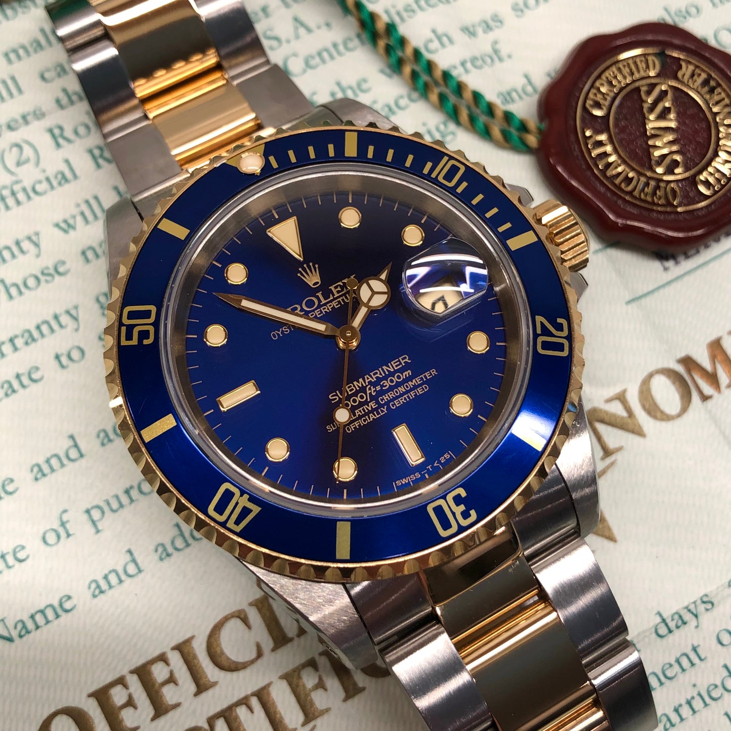 1991 Rolex Submariner 16613 Blue Purple Two Tone Oyster Steel 18K Gold Wristwatch with Box and Papers