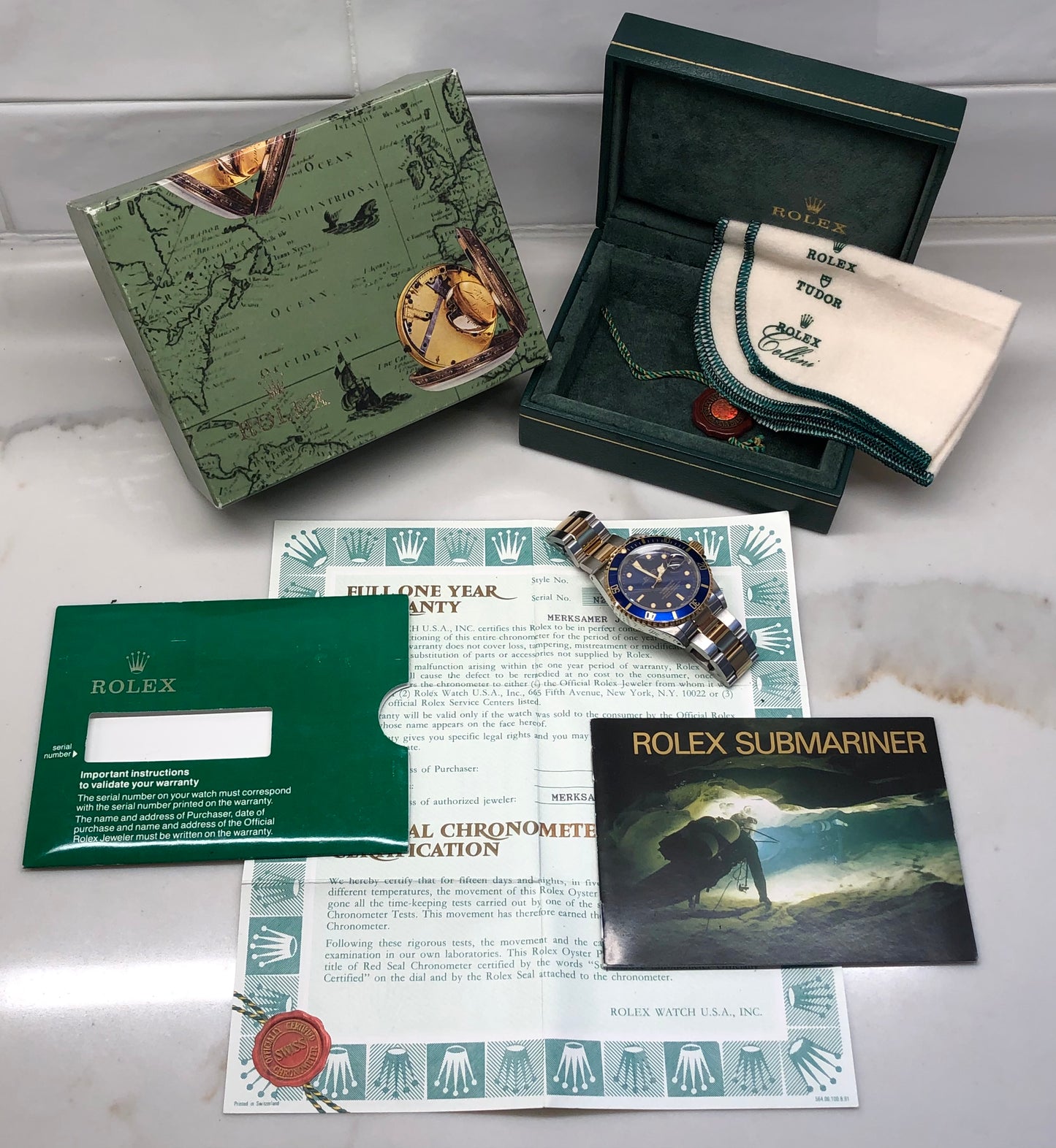 1991 Rolex Submariner 16613 Blue Purple Two Tone Oyster Steel 18K Gold Wristwatch with Box and Papers