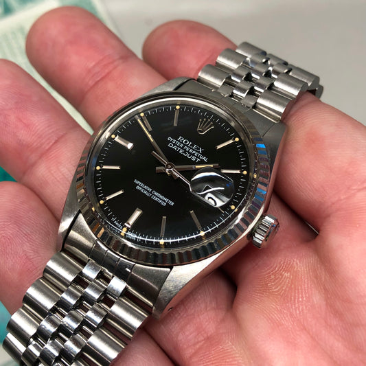 1985 Rolex Datejust 16014 Black Dial Jubilee Fluted Bezel Wristwatch with Papers