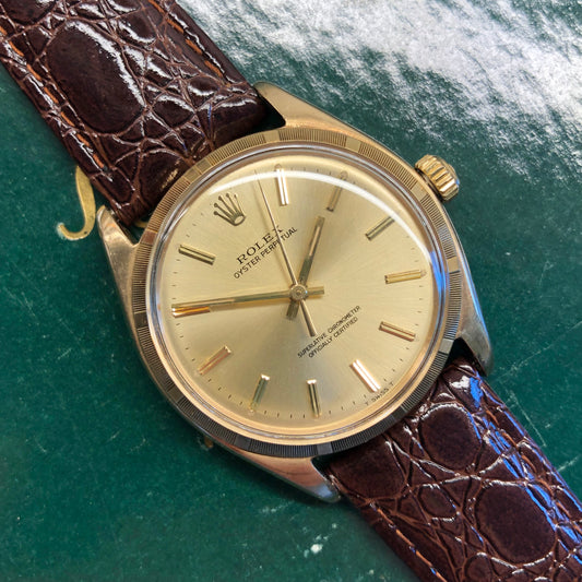 1961 Rolex Oyster Perpetual 1003 9k Yellow Gold English Chronometer Engine Turned Wristwatch - HASHTAGWATCHCO