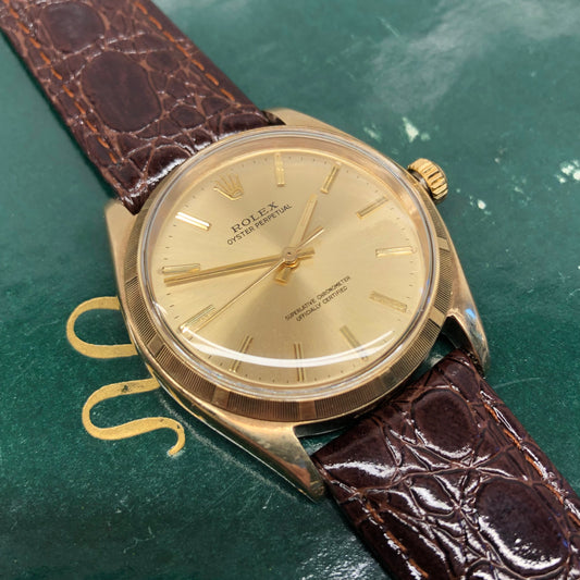 1961 Rolex Oyster Perpetual 1003 9k Yellow Gold English Chronometer Engine Turned Wristwatch - HASHTAGWATCHCO