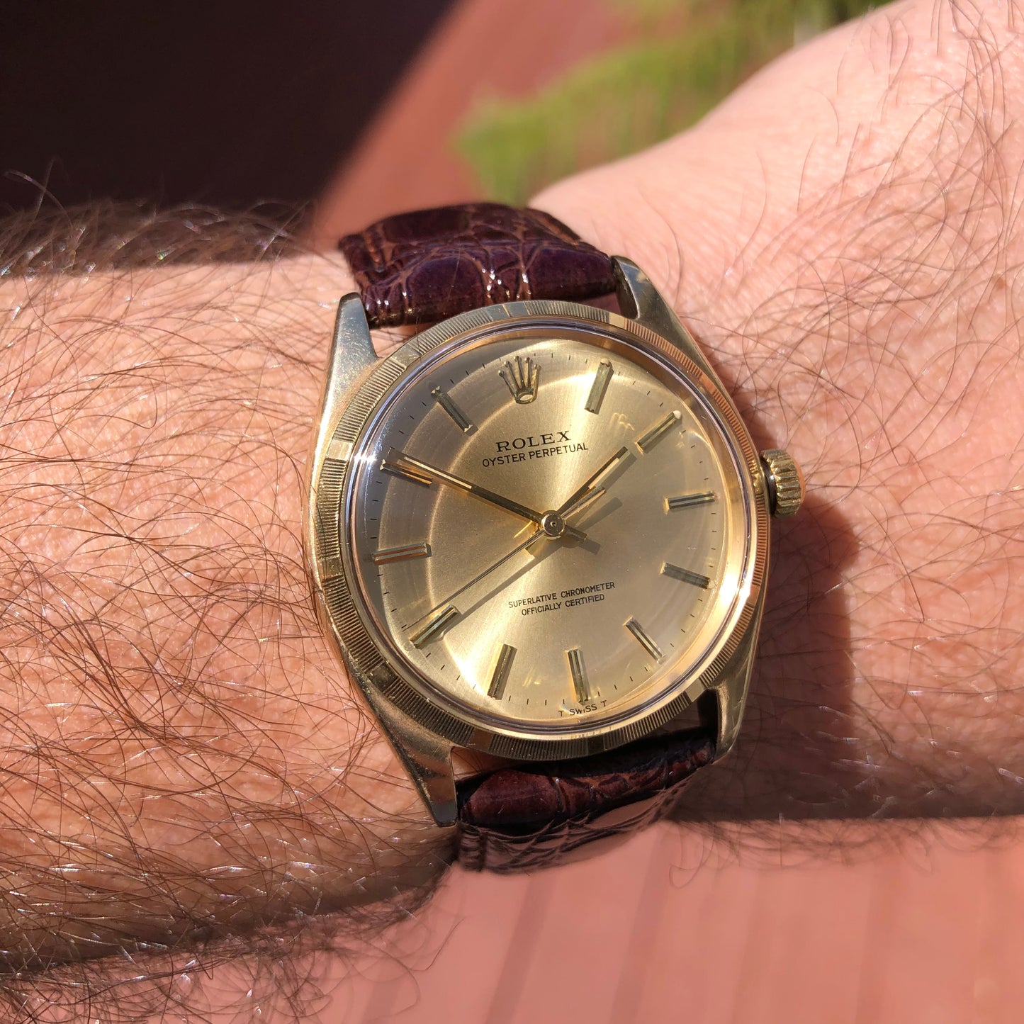 1961 Rolex Oyster Perpetual 1003 9k Yellow Gold English Chronometer Engine Turned Wristwatch - HASHTAGWATCHCO