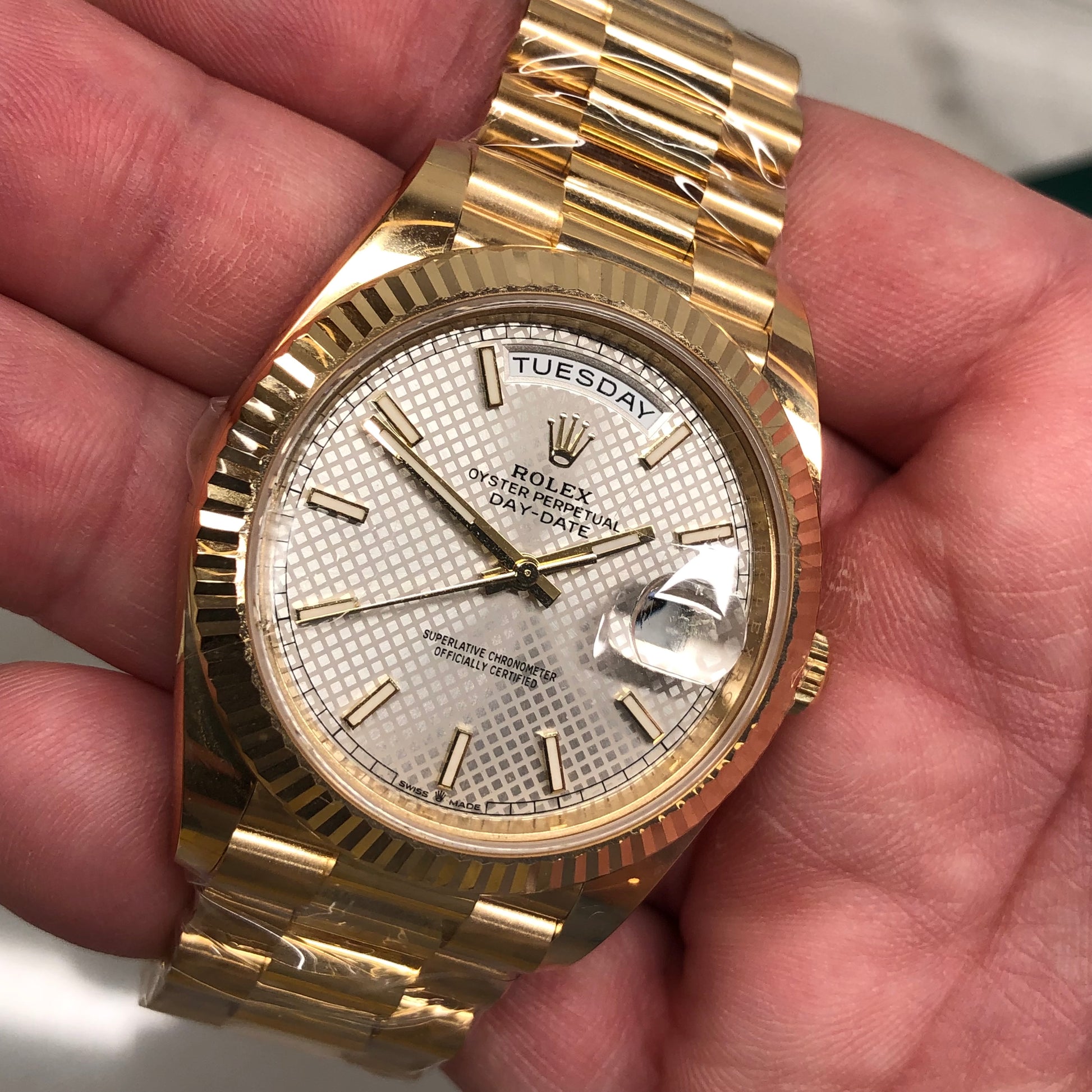 2022 Rolex President Day Date 228238 18K Yellow Gold Silver Motif Wristwatch with Box and Papers - HASHTAGWATCHCO