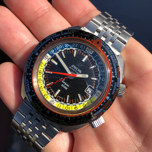 1960s Enicar Sherpa Guide 600 GMT World Time 166-35-04 43mm Vintage Automatic Wristwatch Old Stock - Hashtag Watch Company