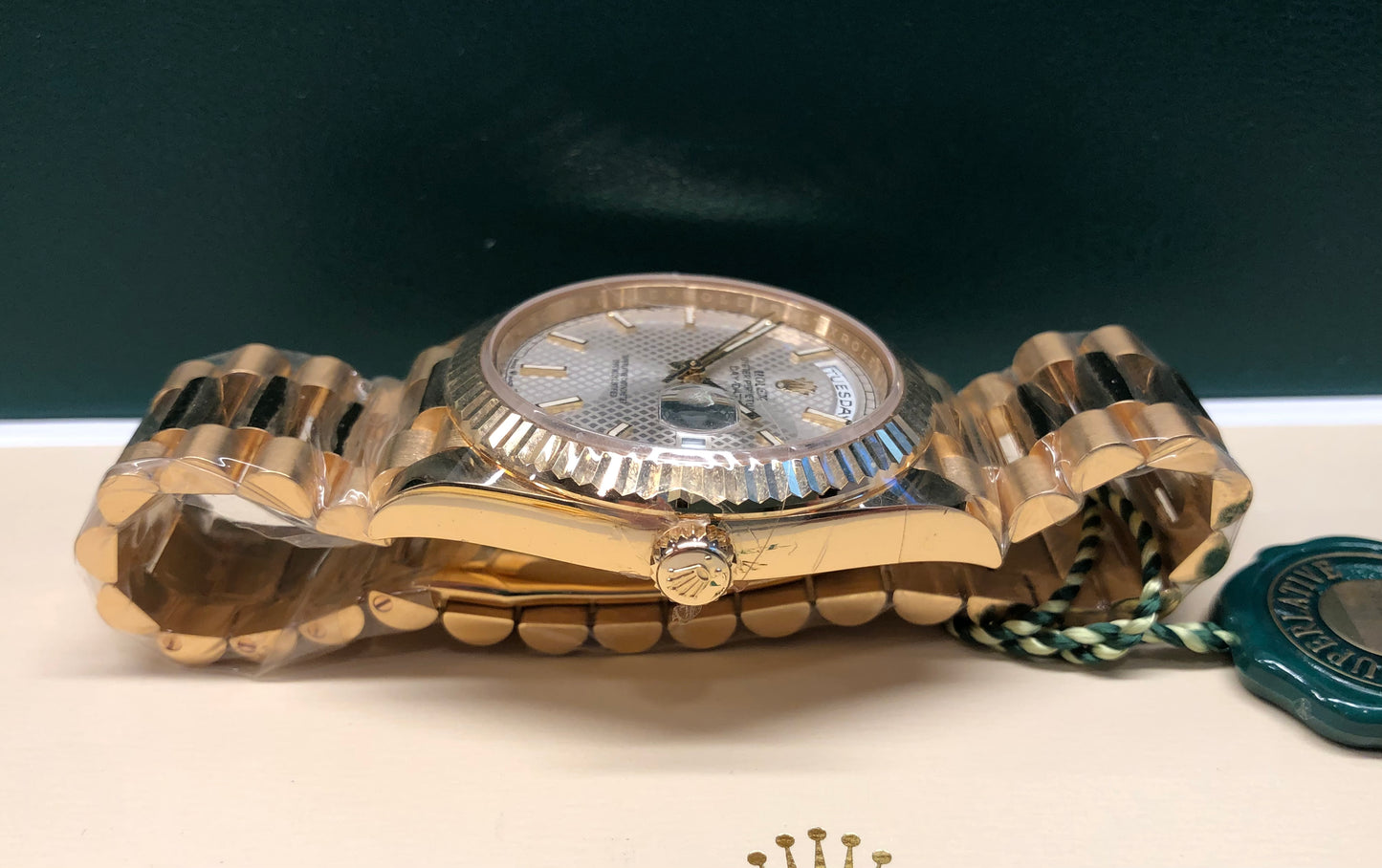 2022 Rolex President Day Date 228238 18K Yellow Gold Silver Motif Wristwatch with Box and Papers - HASHTAGWATCHCO