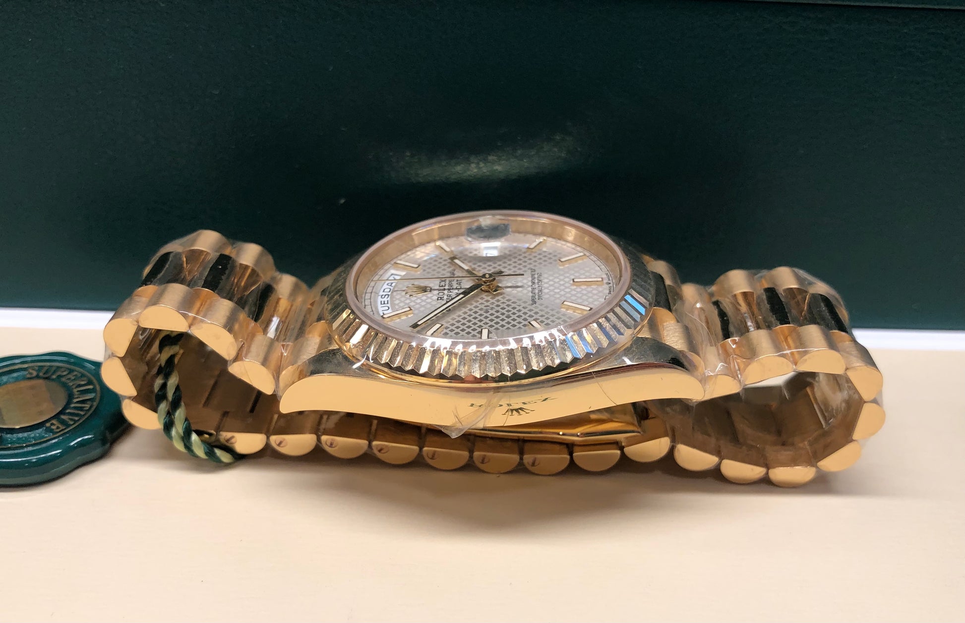 2022 Rolex President Day Date 228238 18K Yellow Gold Silver Motif Wristwatch with Box and Papers - HASHTAGWATCHCO