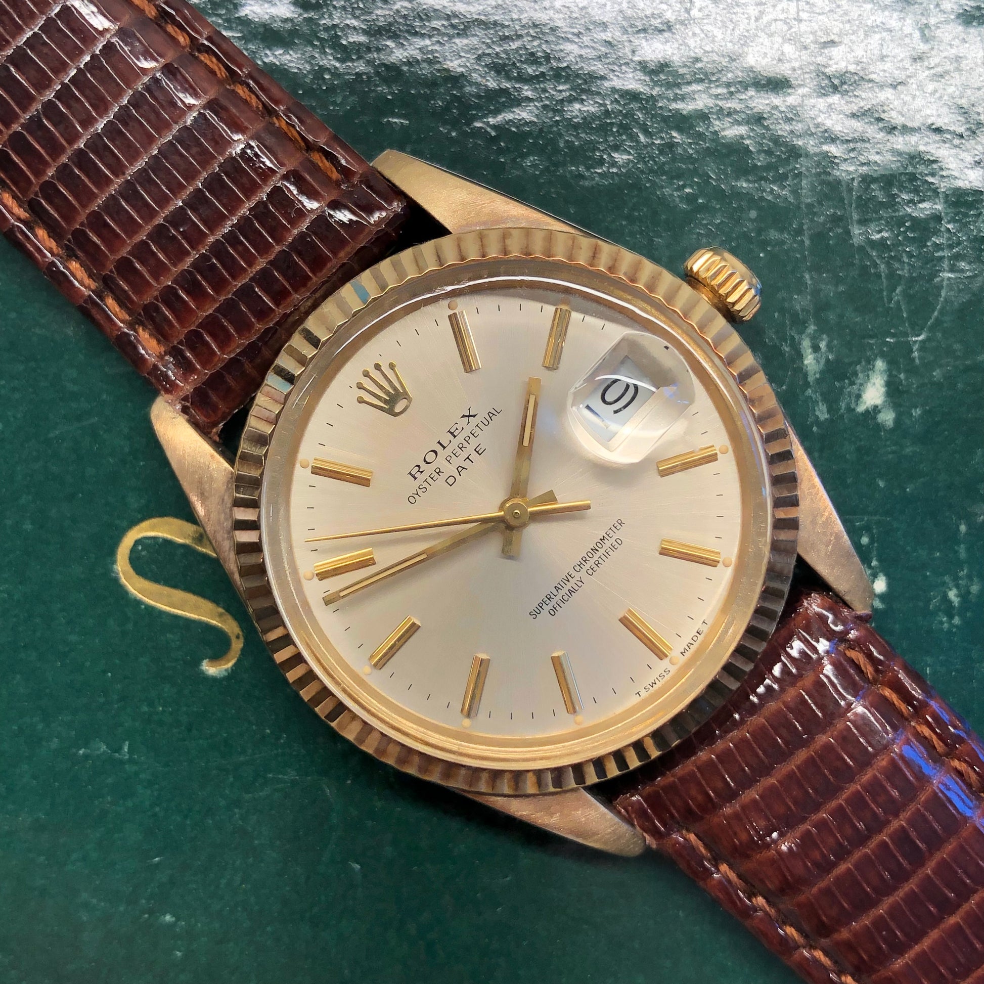 1988 Rolex Date 15037 Oyster Perpetual Silver Dial 14K Yellow Gold Wristwatch - HASHTAGWATCHCO