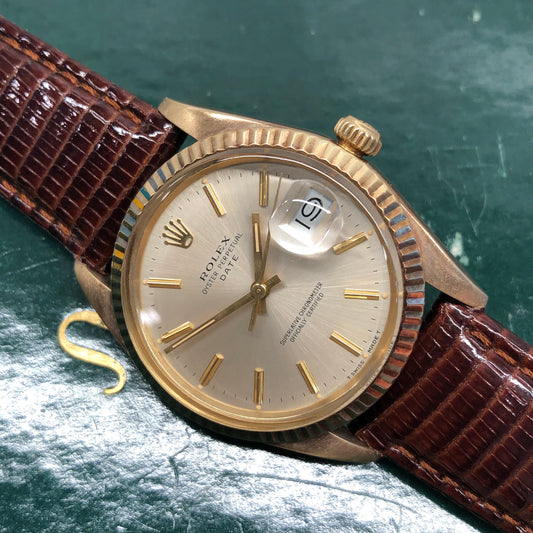 1988 Rolex Date 15037 Oyster Perpetual Silver Dial 14K Yellow Gold Wristwatch - HASHTAGWATCHCO